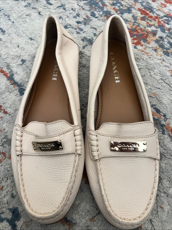 Coach Shoes - Coach Cream Pebbled Leather Penny Loafers with Logo Plaque